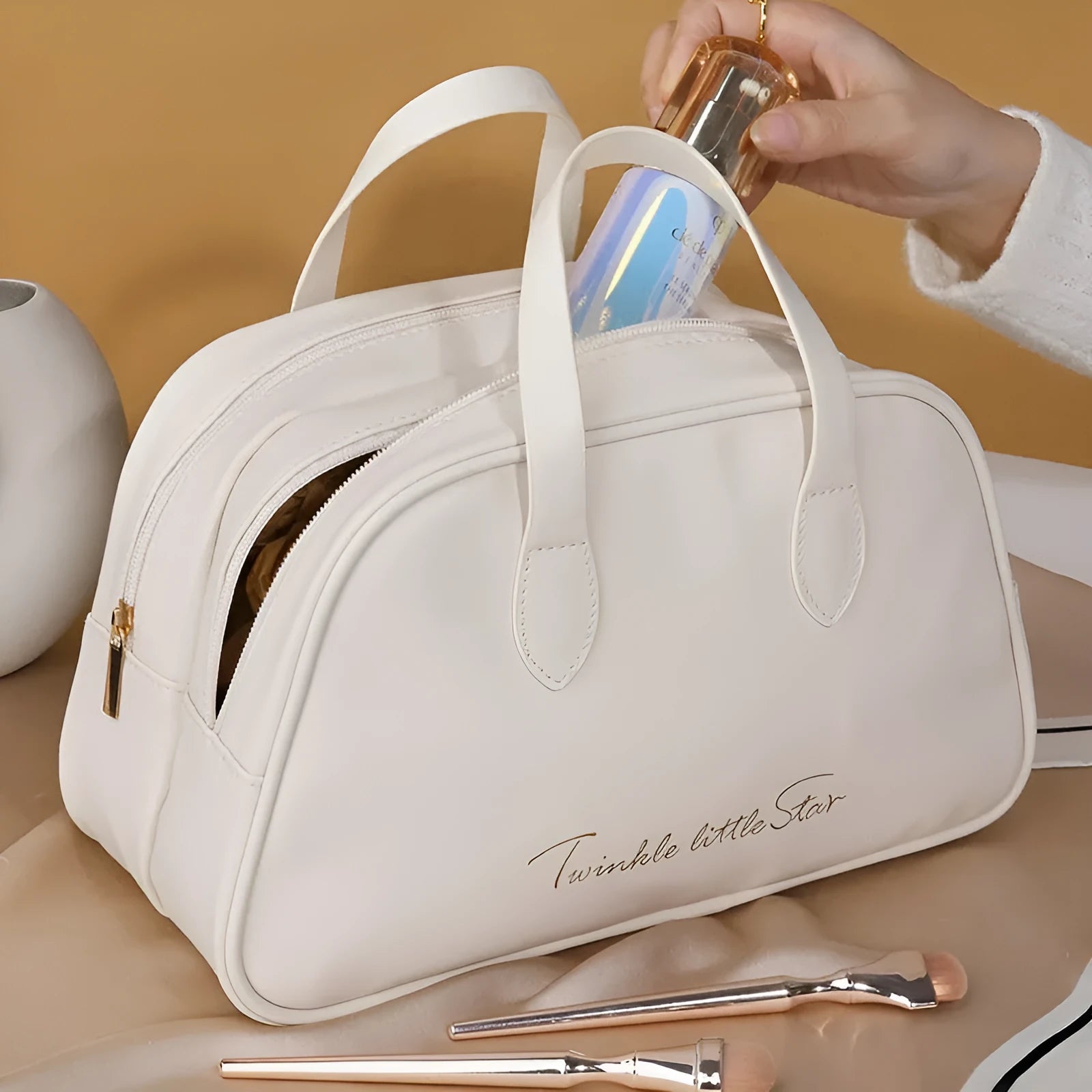 PU leather travel toiletry bag showing dry-wet separation and expansion features