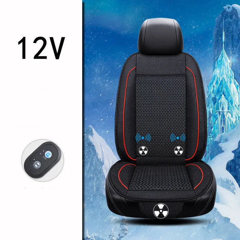 Square black car ventilation seat cushion measuring 60cm with attached power cord