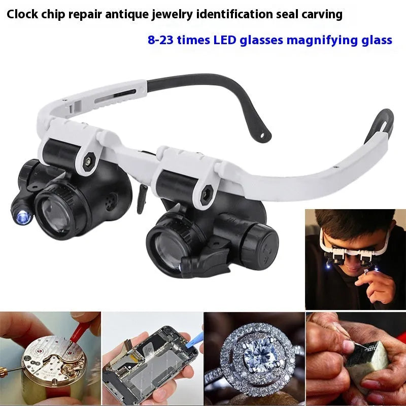 White head mounted magnifying glass with LED light, 30x optical glass lenses, folded to show compact storage size