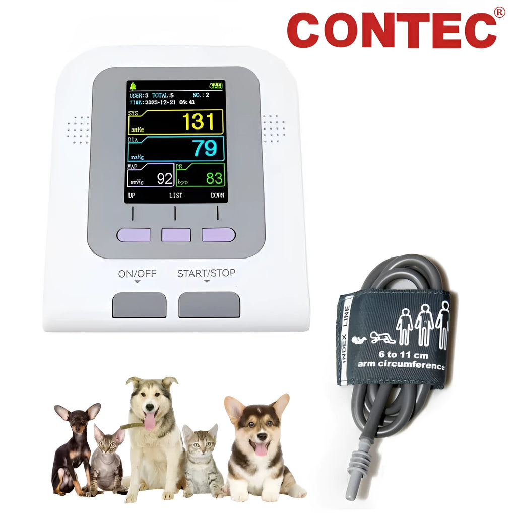 CONTEC08A Vet digital blood pressure monitor for animals with colour screen and three cuff sizes.