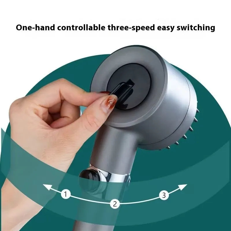 Portable ABS plastic shower head with third gear adjustment for spray, massage, and rain settings.