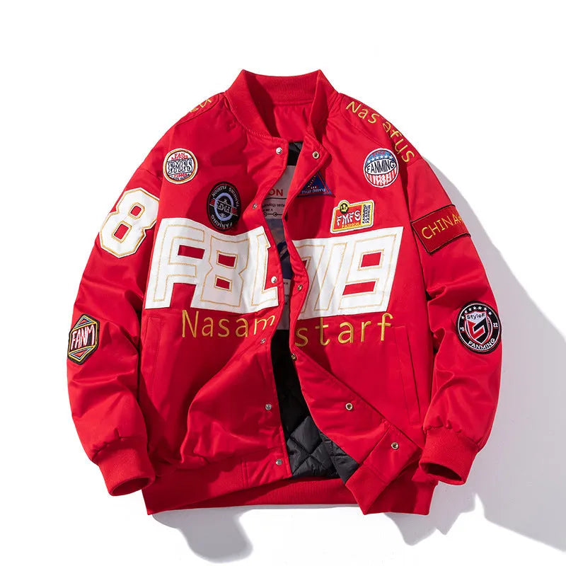Motorcycle baseball uniform jacket in black with removable hood and side seam pockets