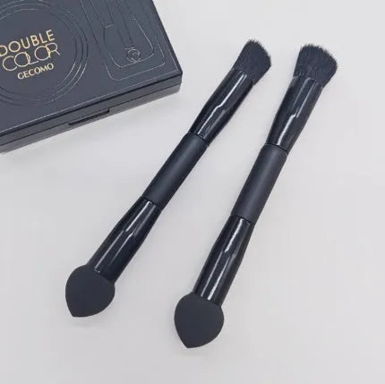 Double-headed miter sponge concealer brush with wooden handle and artificial fibre bristles in elegant black