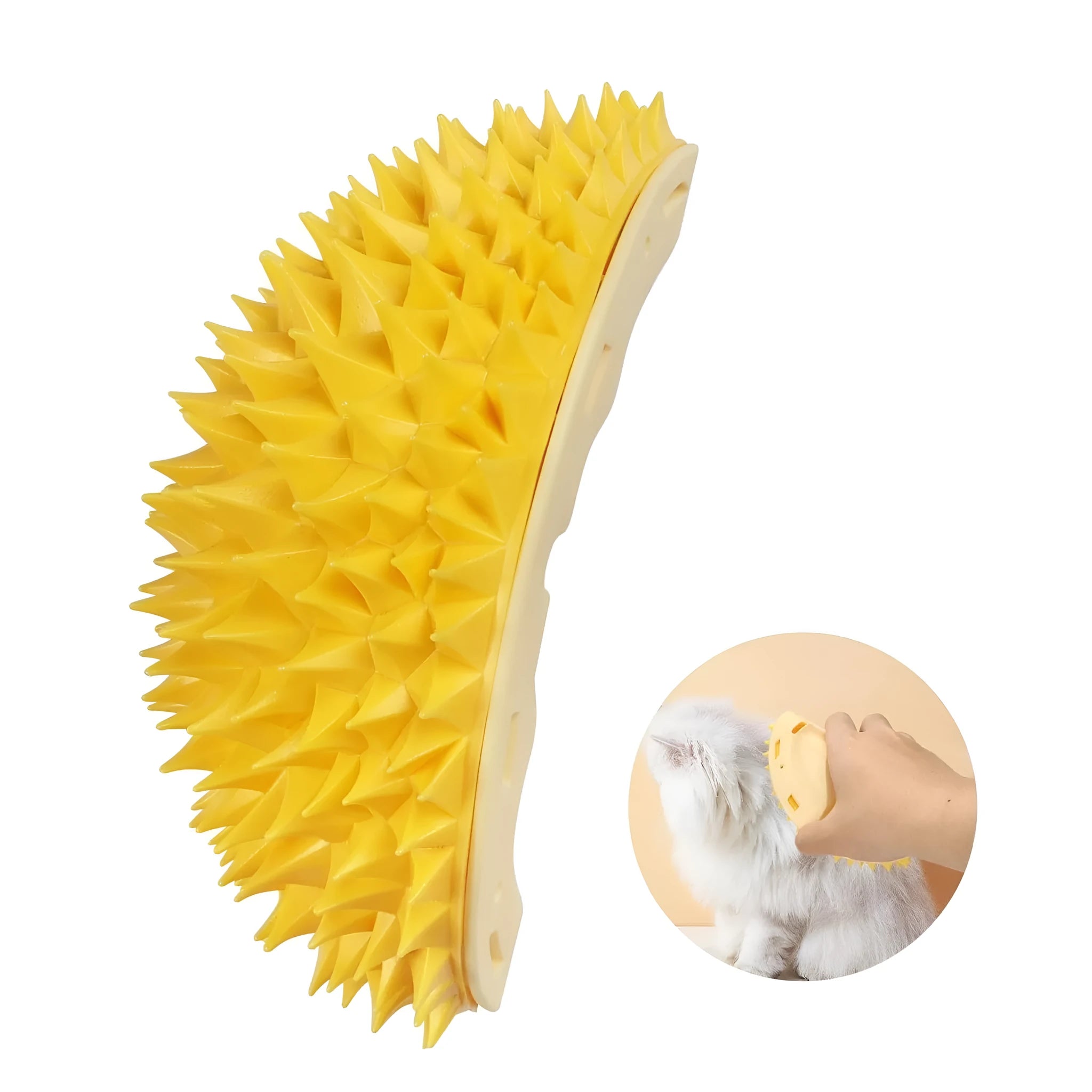 Yellow durian-shaped cat corner scratcher and massage brush mounted on a wall.