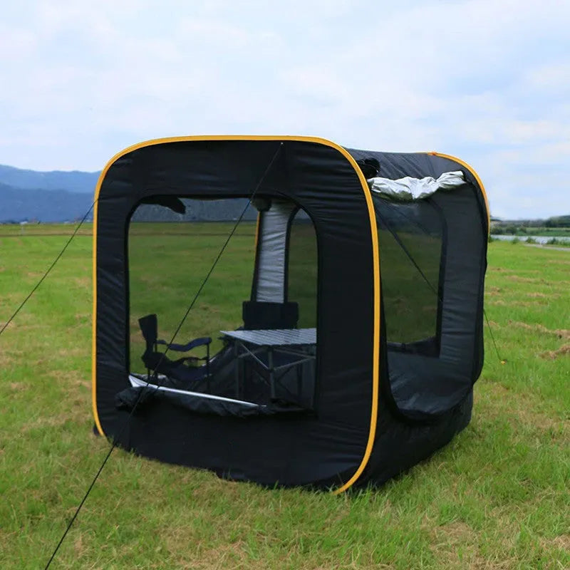 Pop-up outdoor camping car tail tent in black, waterproof Oxford cloth, steel frame, 200x200x200cm size