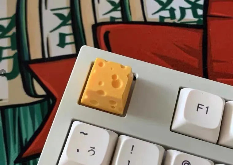 Yellow resin cheese key cap for mechanical keyboards with food-themed design
