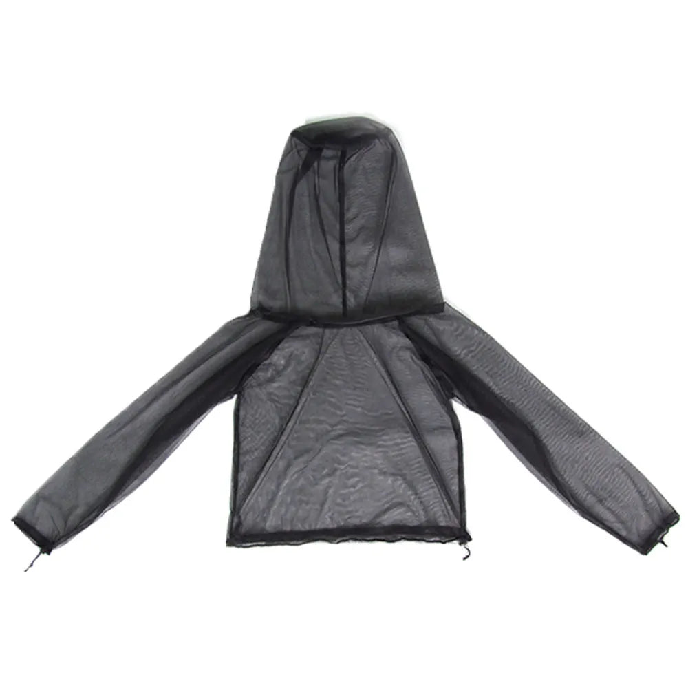 Mesh anti mosquito suit four-piece set showing hooded top, pants, and booties for outdoor activities.