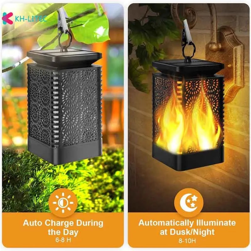 Set of four black solar-powered hanging flame torch lights for outdoor garden decoration.