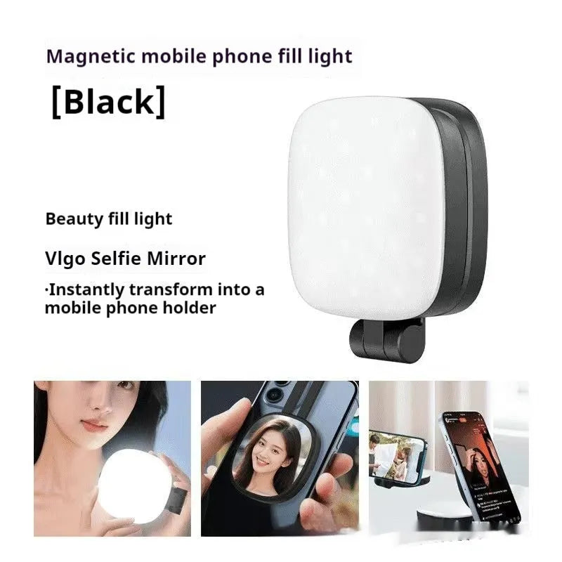 Handheld mobile phone selfie fill light with magnetic mount showing black and white colour options