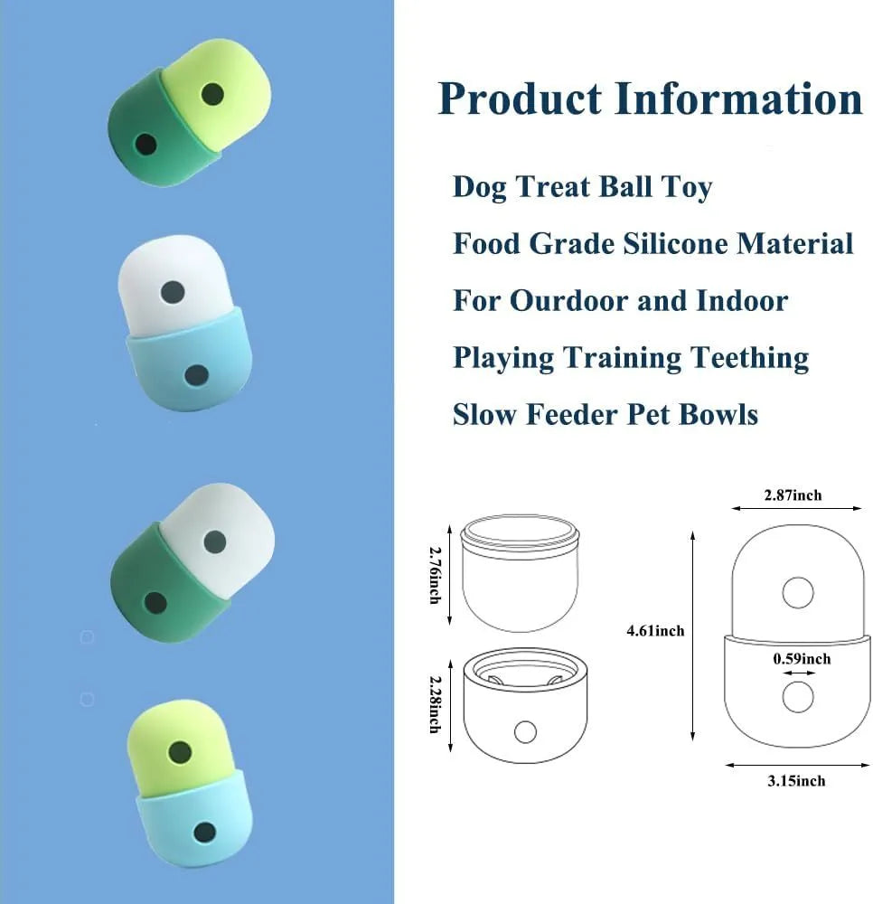 Food grade silicone dog treat puzzle ball in assorted two-tone colours, 8cm diameter.
