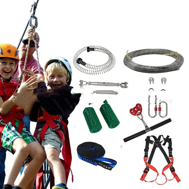 Children's 10 metre pulley slide rope set with alloy steel pulleys, handle, and safety components