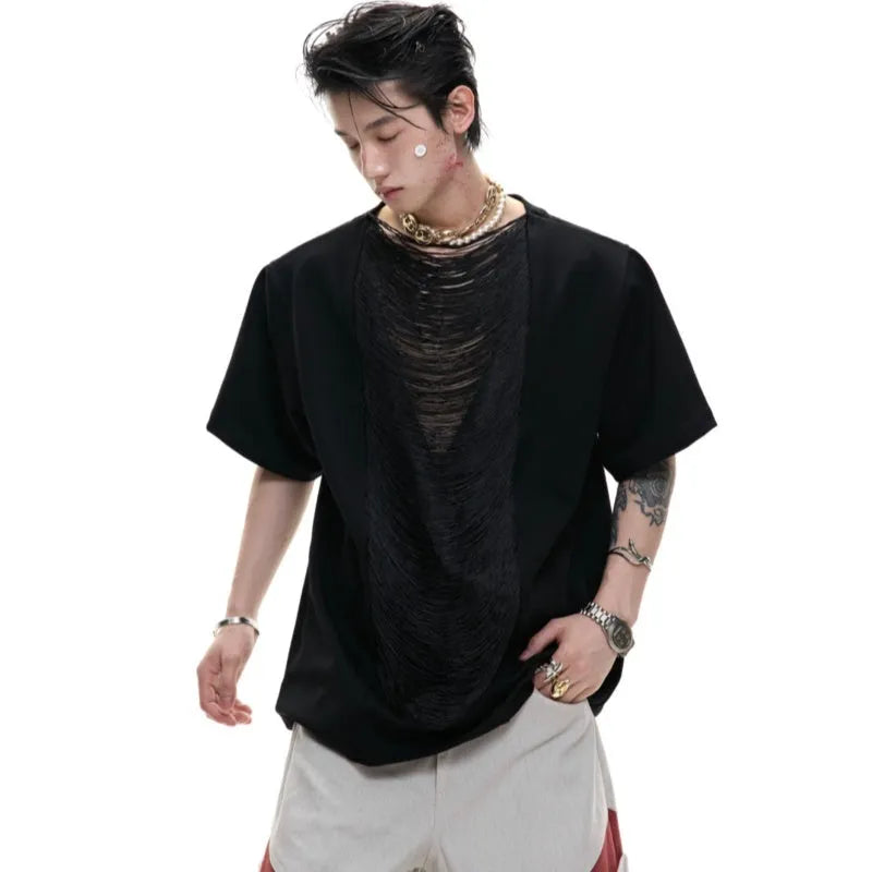 Men's black V-neck loose fit t-shirt with short sleeves and three-dimensional cutting