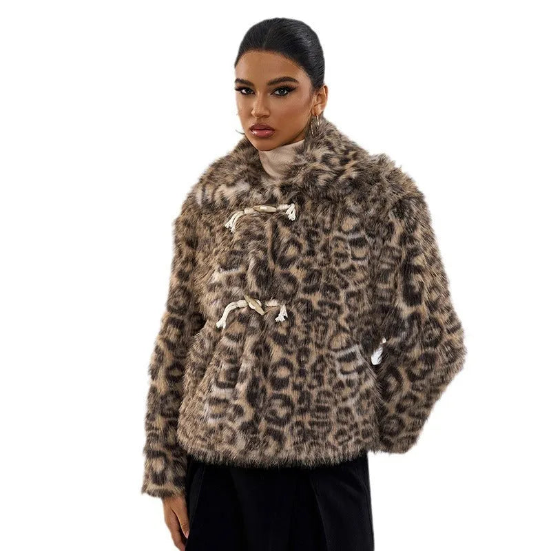 Leopard print women's coat with buckle lapel fastening in street fashion style