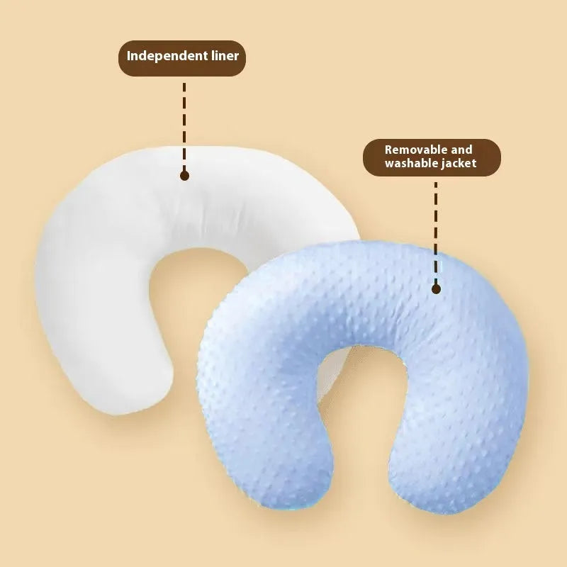 Nursing pillow with raised spill prevention edge in pink, yellow, grey, and light blue colour options