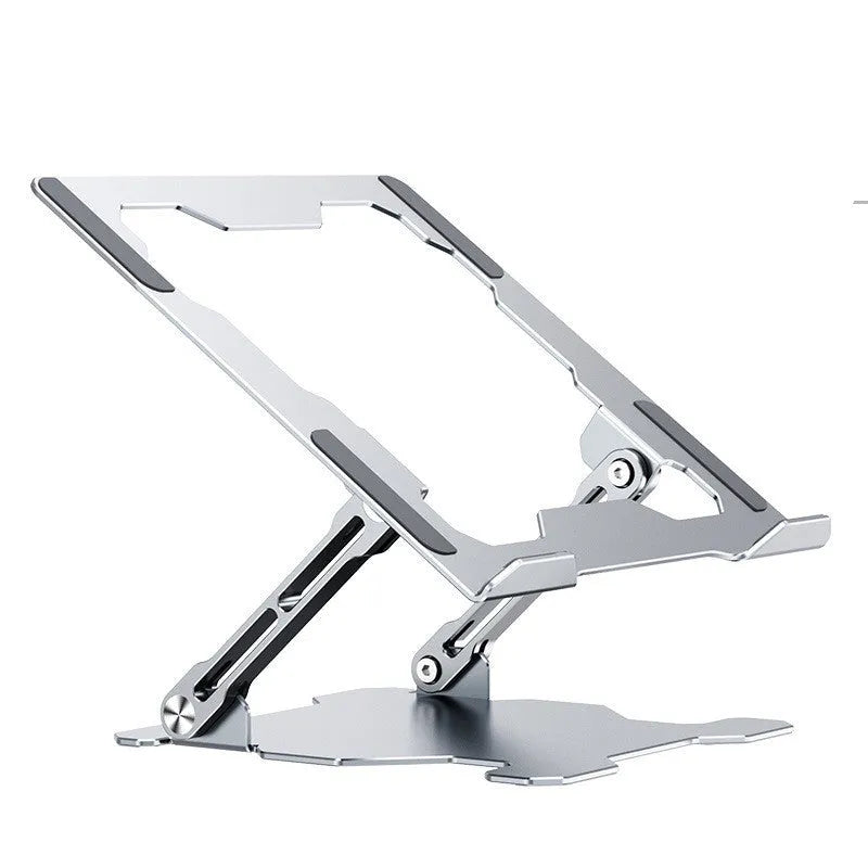 Grey aluminum laptop stand showing adjustable angle mechanism and folding design