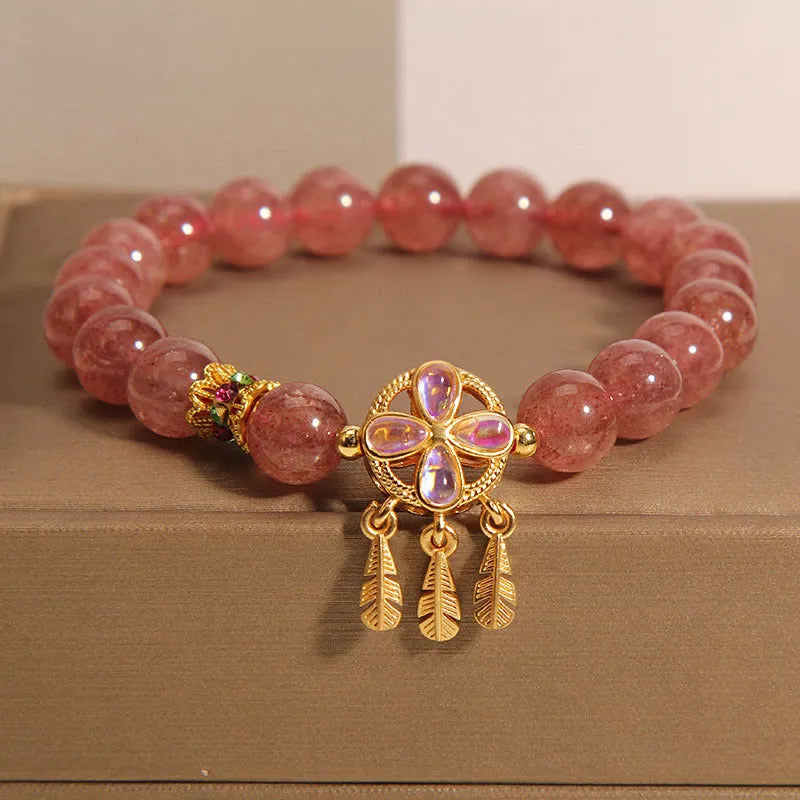 Natural strawberry quartz bracelet with four-leaf dream catcher pendant on adjustable cord, women's original design