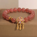 Natural strawberry quartz bracelet with four-leaf dream catcher pendant on adjustable cord, women's original design