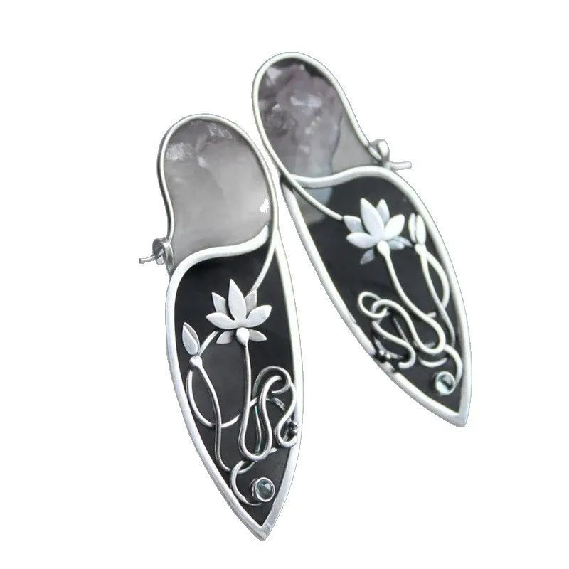 Pair of silver electroplated alloy lotus vine flower geometry earrings for women, retro style
