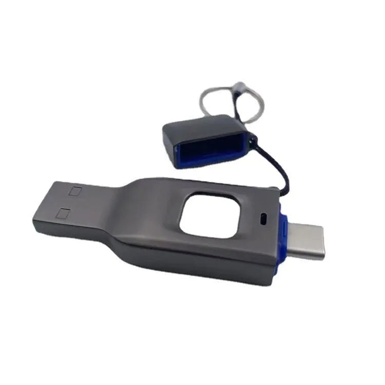 Fingerprint-protected USB flash drive with USB 3.0 and USB-C connectors in metal shell