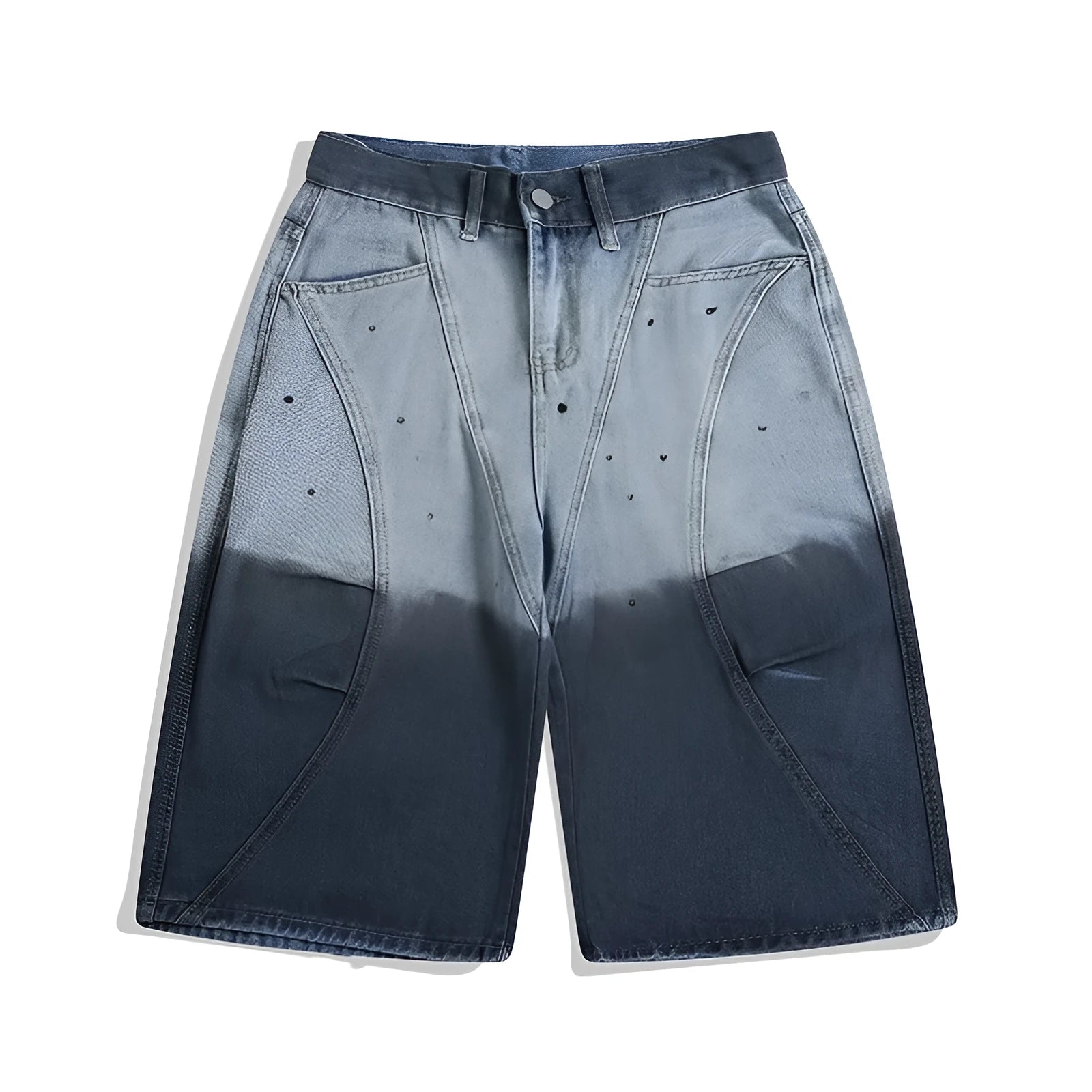 Tie-dye gradient worn looking washed-out cropped jeans in blue, loose fit mid waist style on model