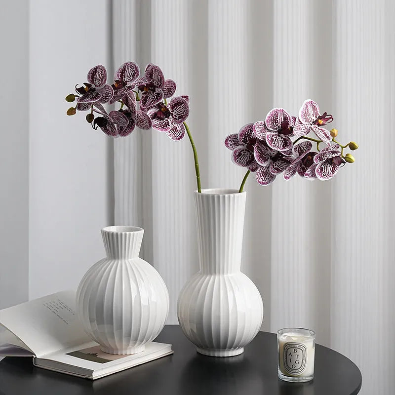Ceramic ball striped vase in American country style with six design variations on wooden table