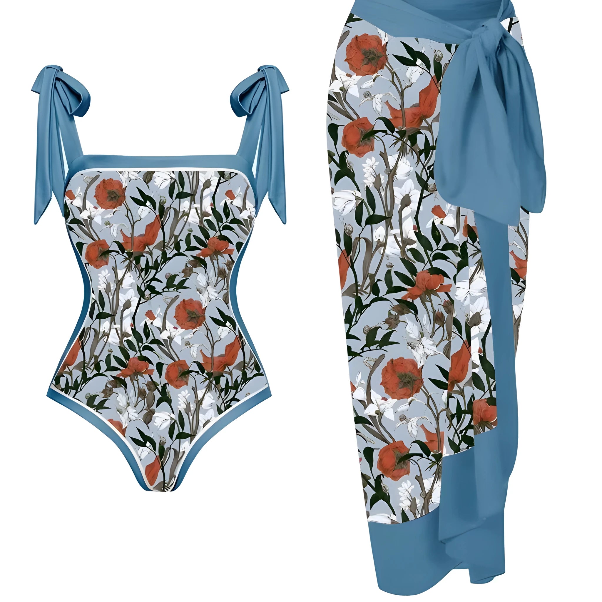 Women's printed two-piece chiffon swimsuit with matching hip skirt in a floral design.