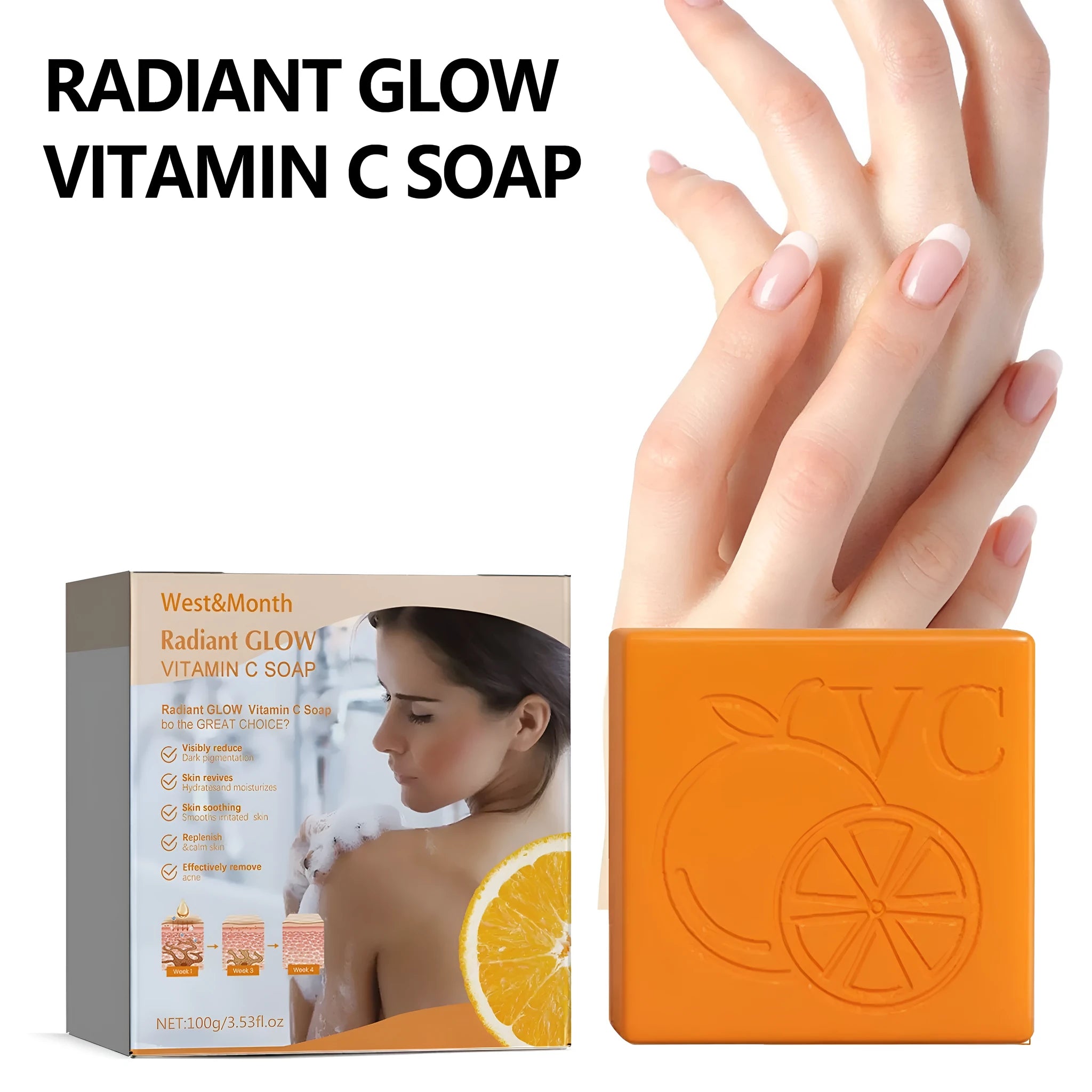 100g whitening vitamin soap bar with kojic acid and hyaluronic acid on a clean background