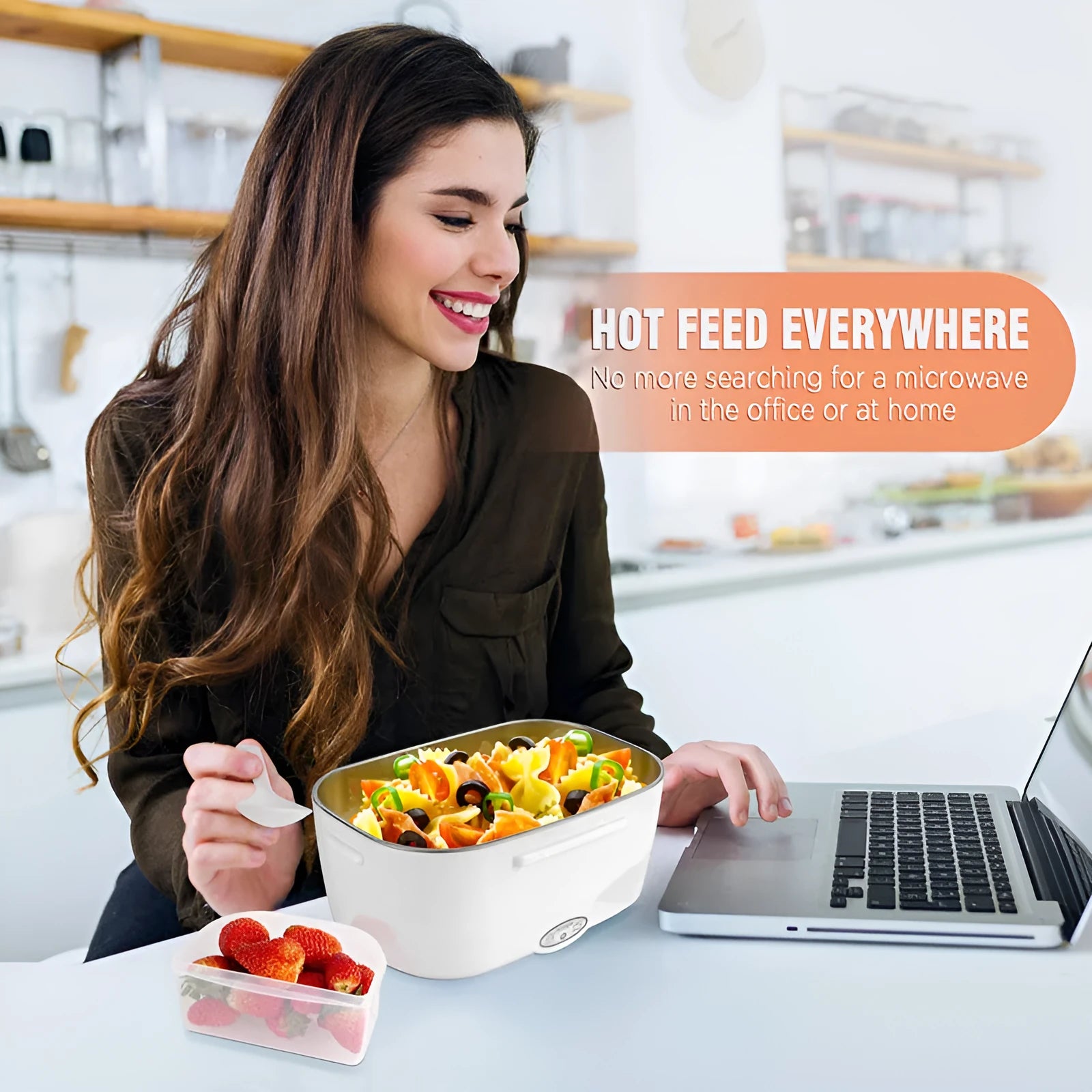 Grey electric lunch box showing dual car and home power cords with stainless steel inner tank