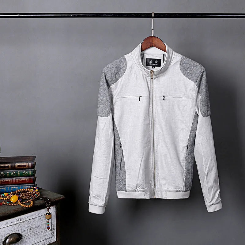 Men's thin linen jacket in heather gray, grass green, or blue, made from cotton, showing colour-matching pattern.