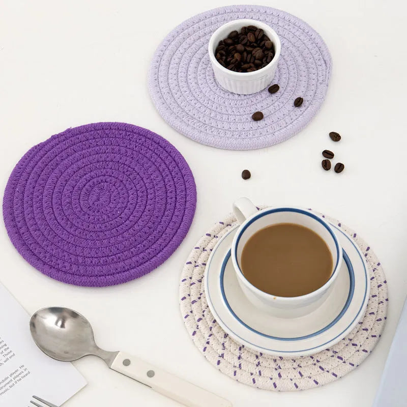 Round cotton cord coaster three-piece set, 18cm diameter, modern simplicity style, available in four colours