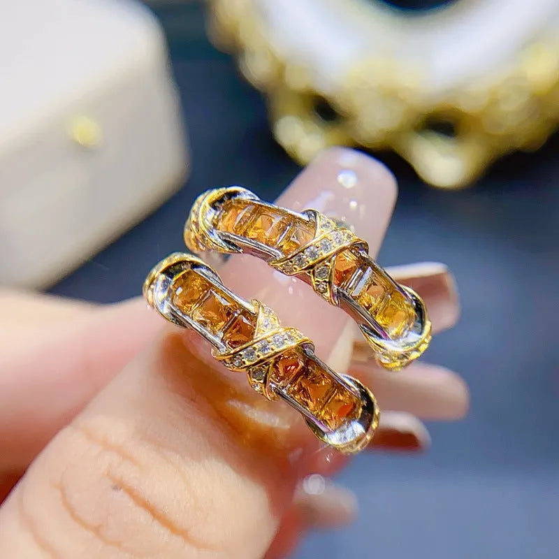 Natural citrine ring for women 925 silver adjustable opening 3x3mm gemstone on white background