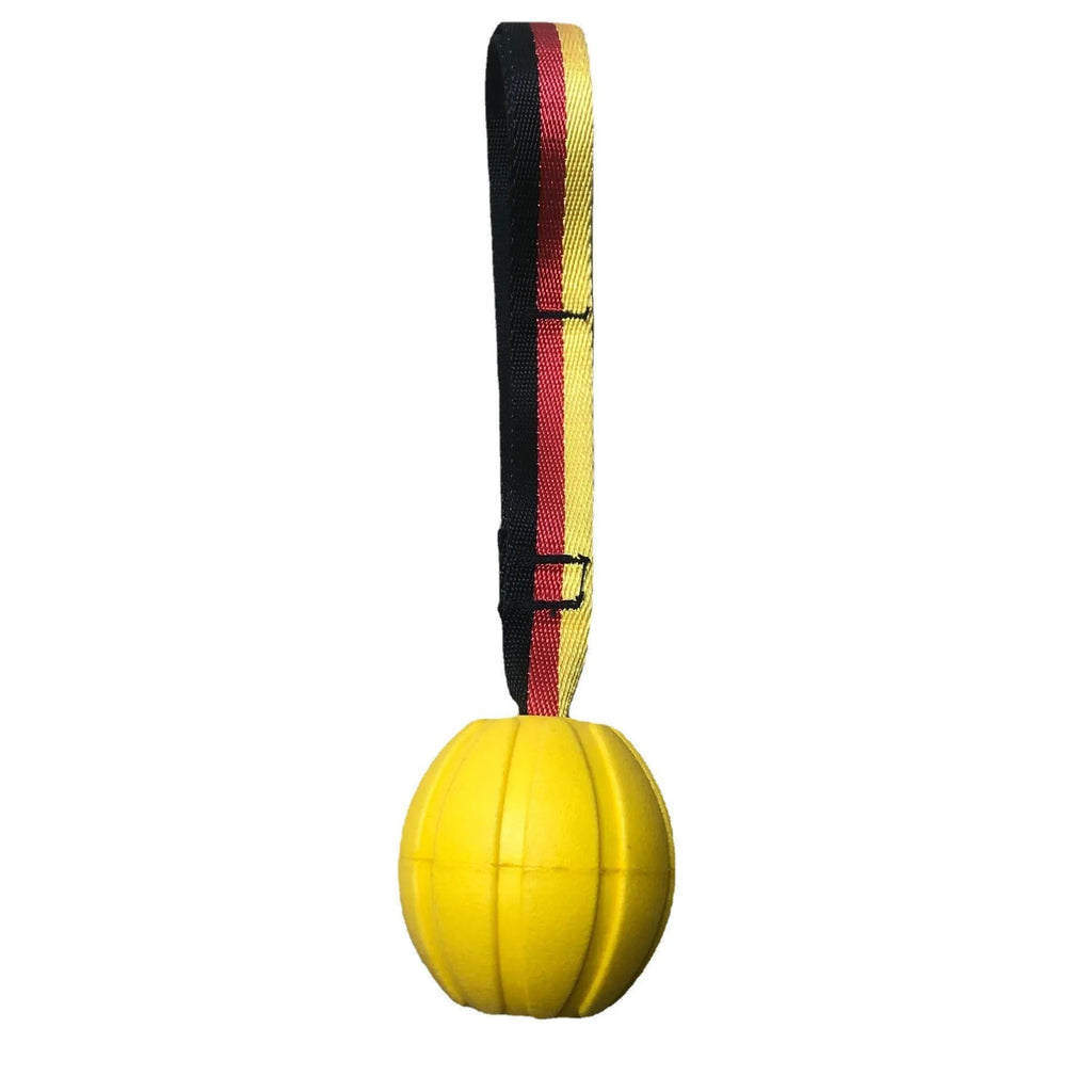 EVA floating tetherball dog toy in camouflage and yellow colours showing three diameter sizes