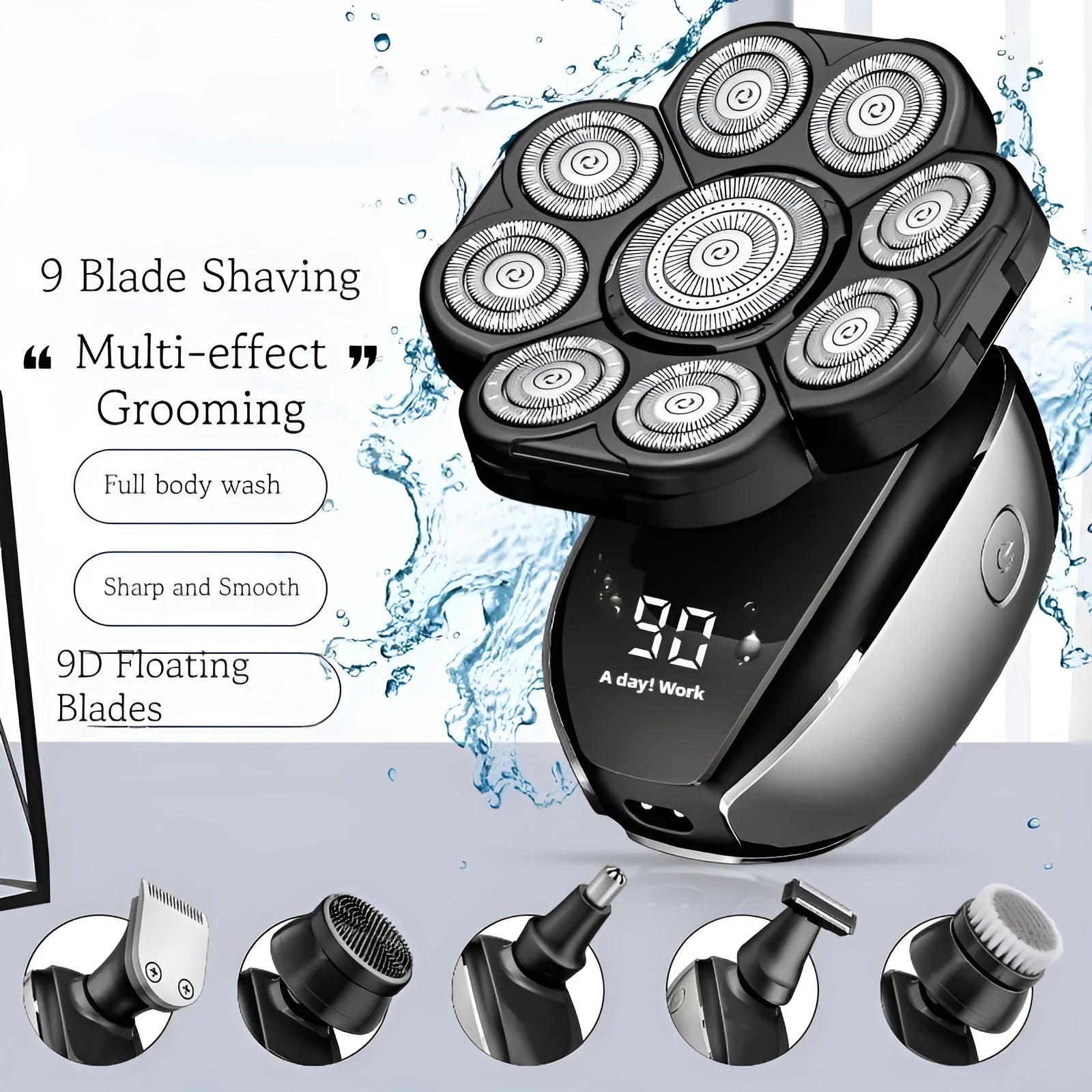 Black rechargeable 6-in-1 men's hair clipper and grooming kit with attachments on a stand