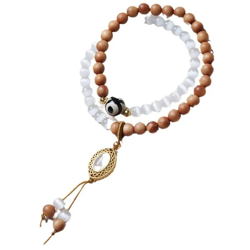 Polished sandalwood opal double ring bracelet unisex retro style with Tibetan beads