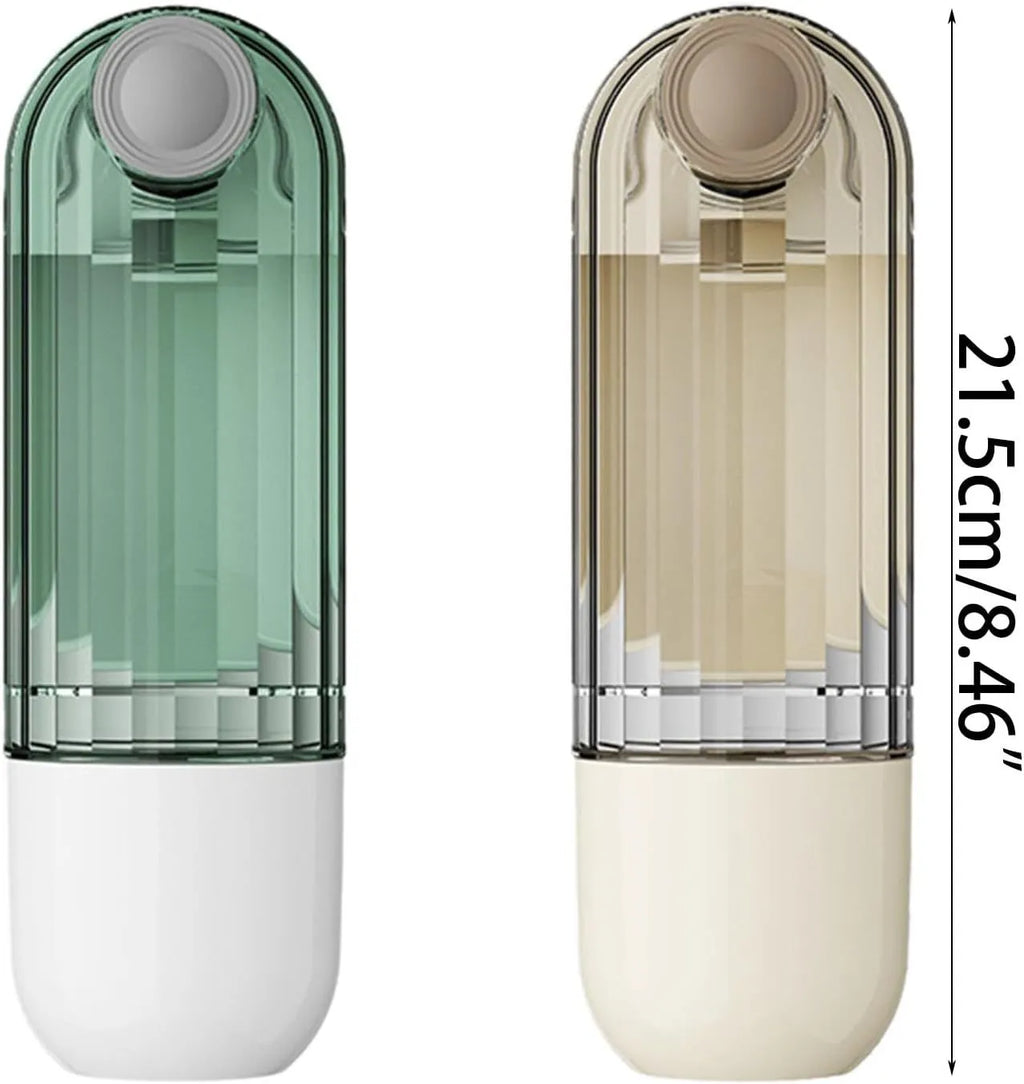 Beige and green foldable dog water bottle with integrated food container at the base