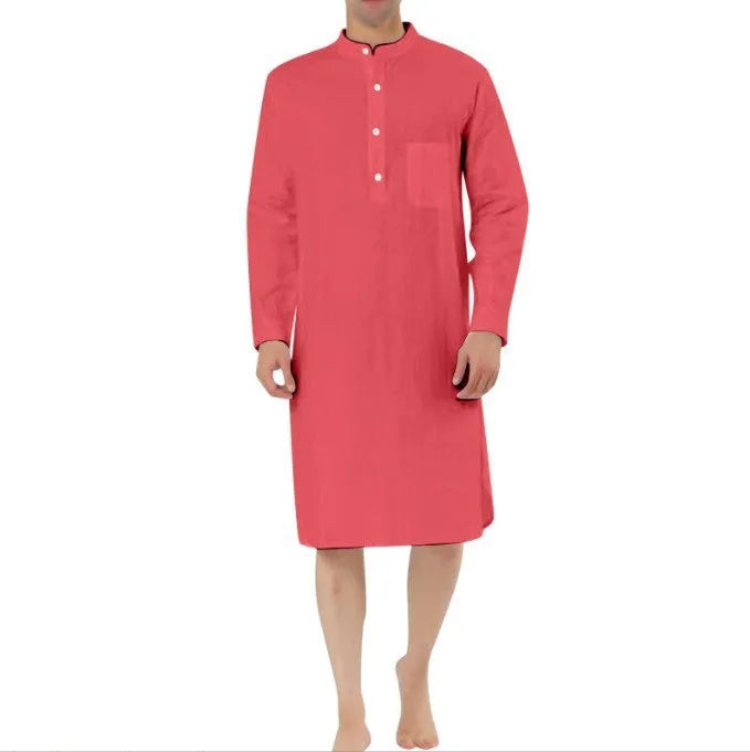 Men's simple cotton shirt robe with pockets shown in one of nine available colours.