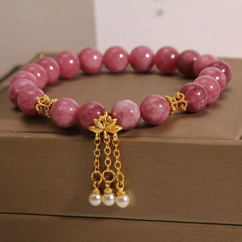 Natural stone bracelet with lotus tassel and pearl pendant, pink crystal colour, electroplated finish