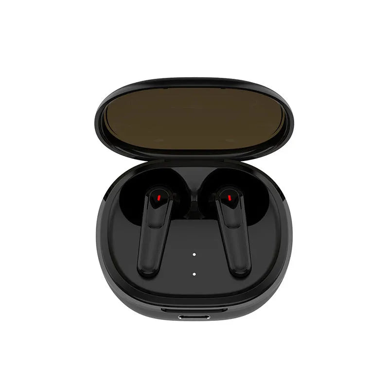 Black in-ear Bluetooth headphones with noise cancellation and breathing light indicators