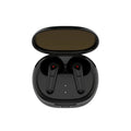Black in-ear Bluetooth headphones with noise cancellation and breathing light indicators