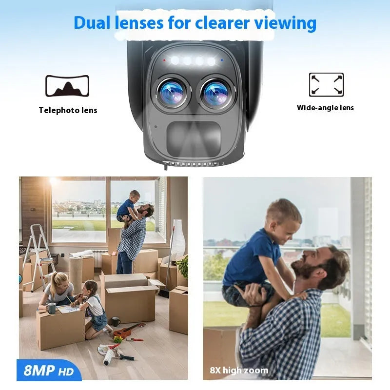 Solar powered outdoor security camera with 8x zoom lens and weather-resistant housing