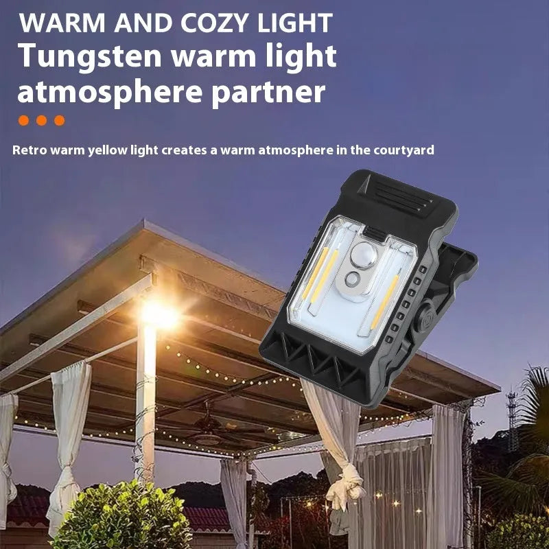 White clip-on sensor lamp with motion detection, shown next to a 14500 lithium battery.