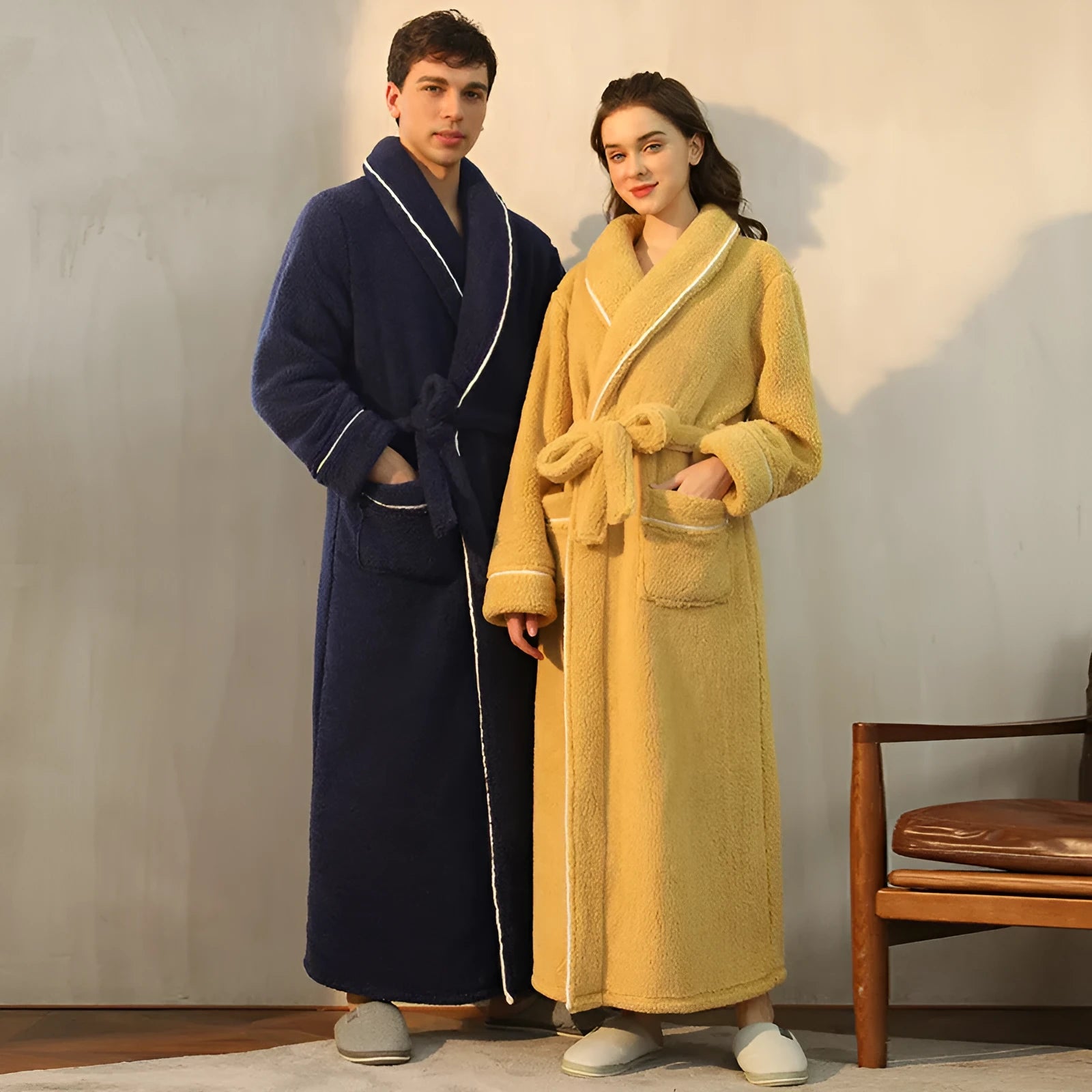 Thick flannel couple's bathrobe set in winter colours like Angola red and navy blue, shown in M size.