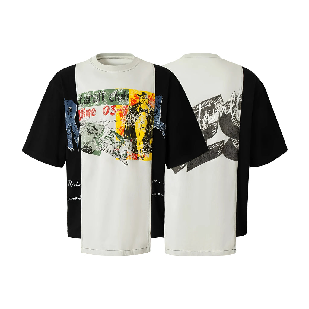 Men's black and white broken collage print loose fit cotton blend T-shirt