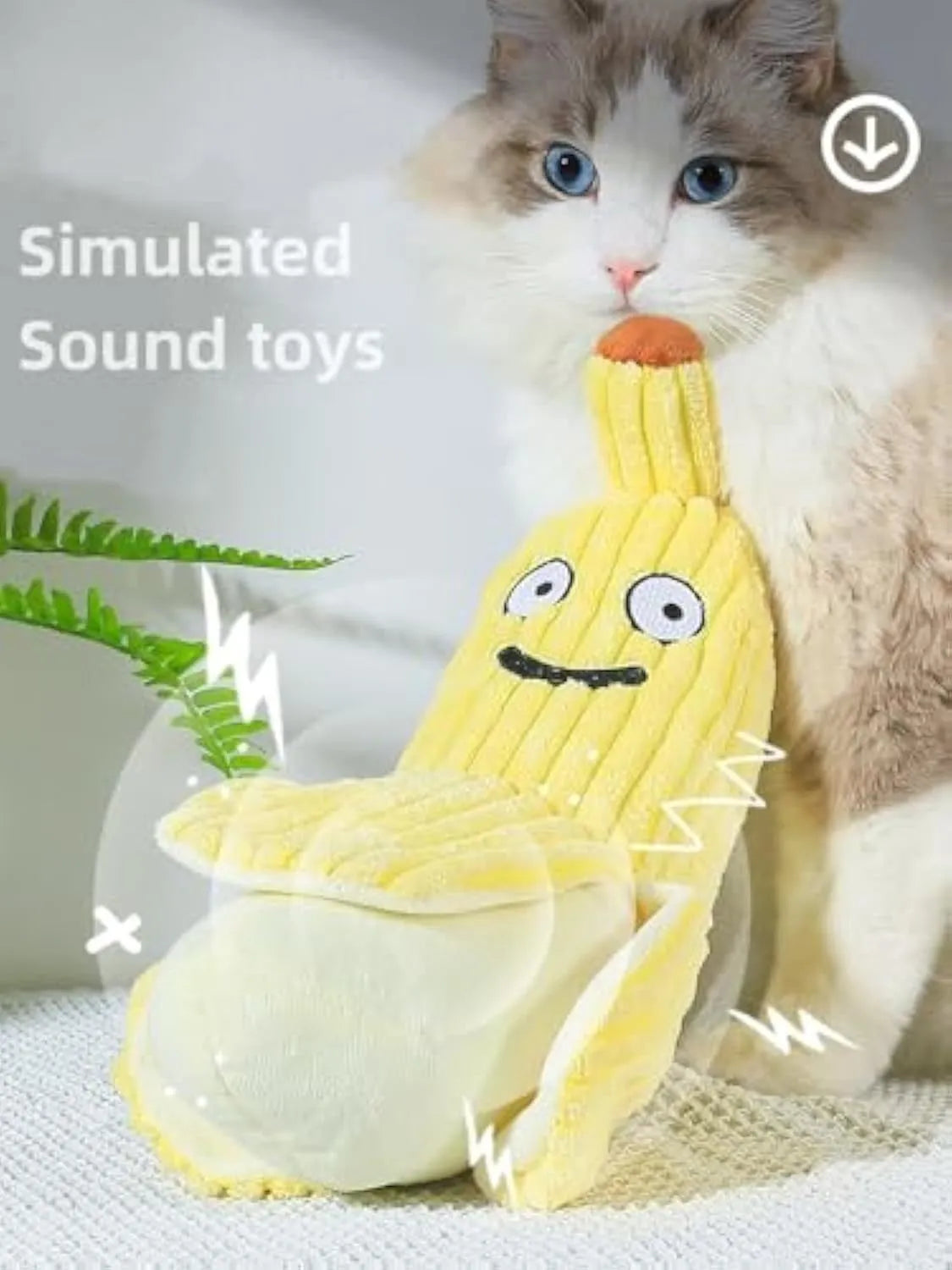 Yellow banana-shaped plush cat toy with crinkle paper and textured strip