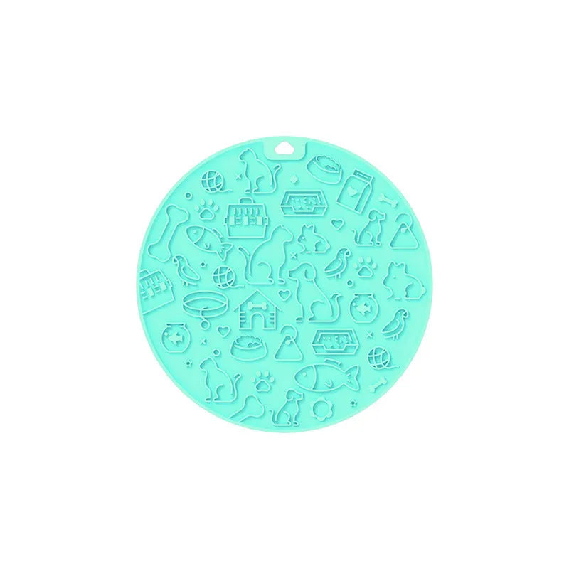 Round silicone pet licking mat with suction cups shown in available colour options