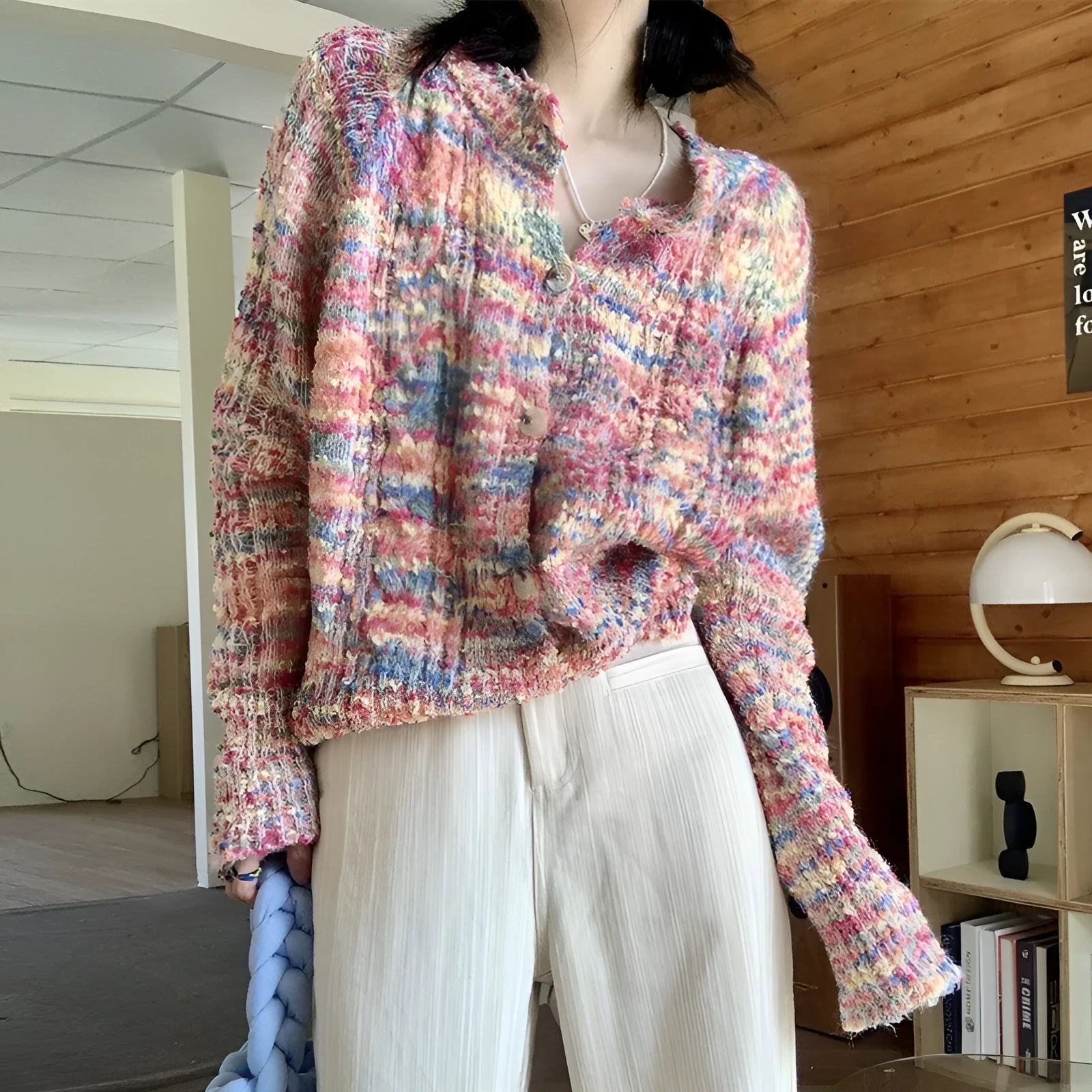 Retro rainbow knitted cardigan sweater in pink and green colours with slim fit free size