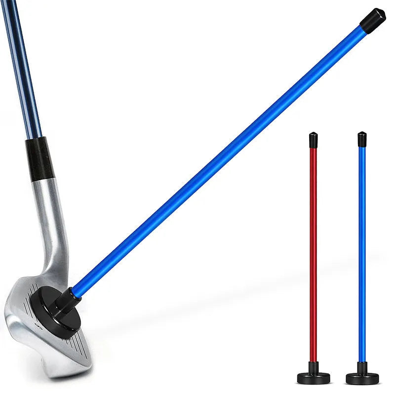 Red and blue aluminium alloy golf swing trainer with magnetic direction bar.
