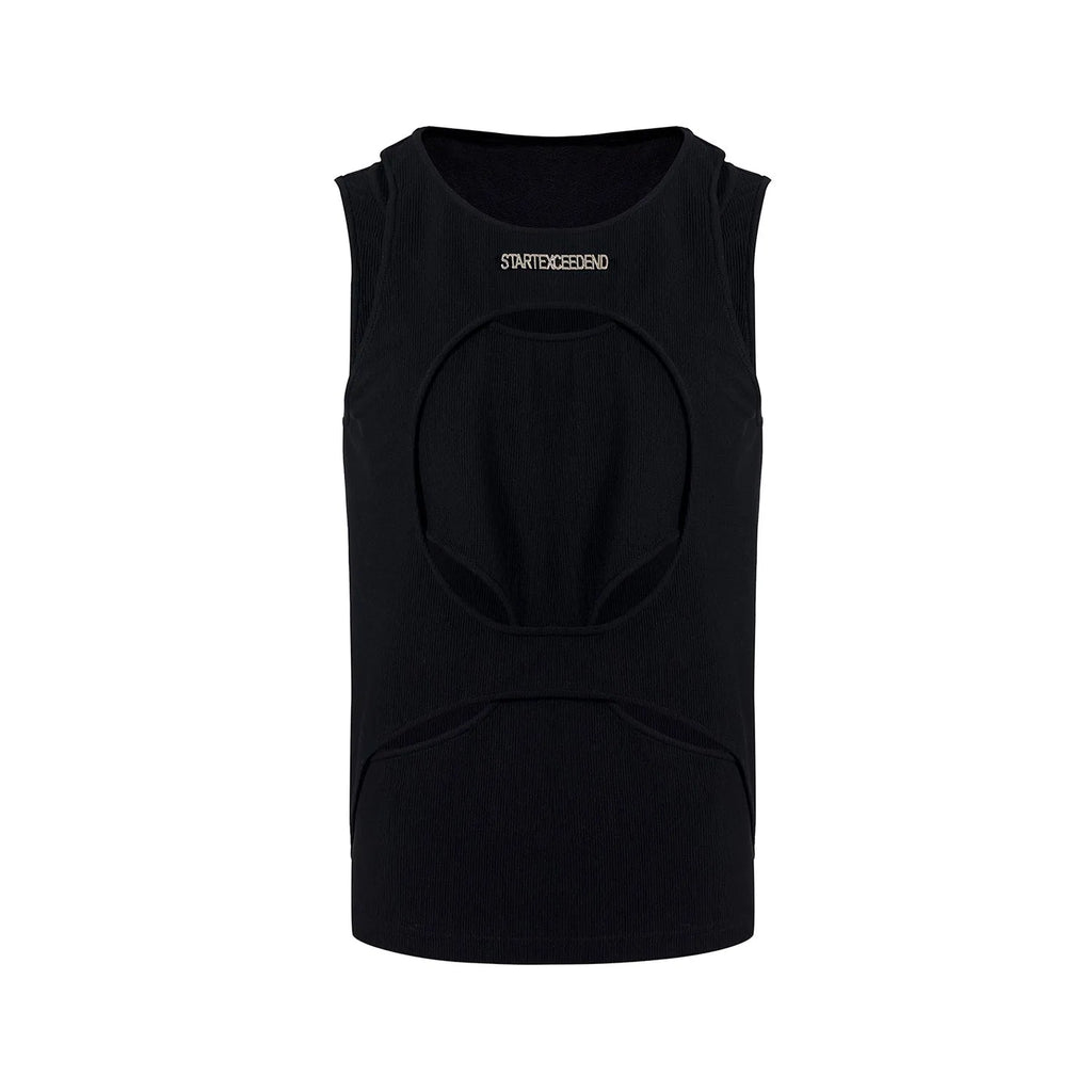 Men's loose sleeveless waistcoat in hollow white thread fabric showing round neck and pullover design