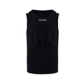 Men's loose sleeveless waistcoat in hollow white thread fabric showing round neck and pullover design