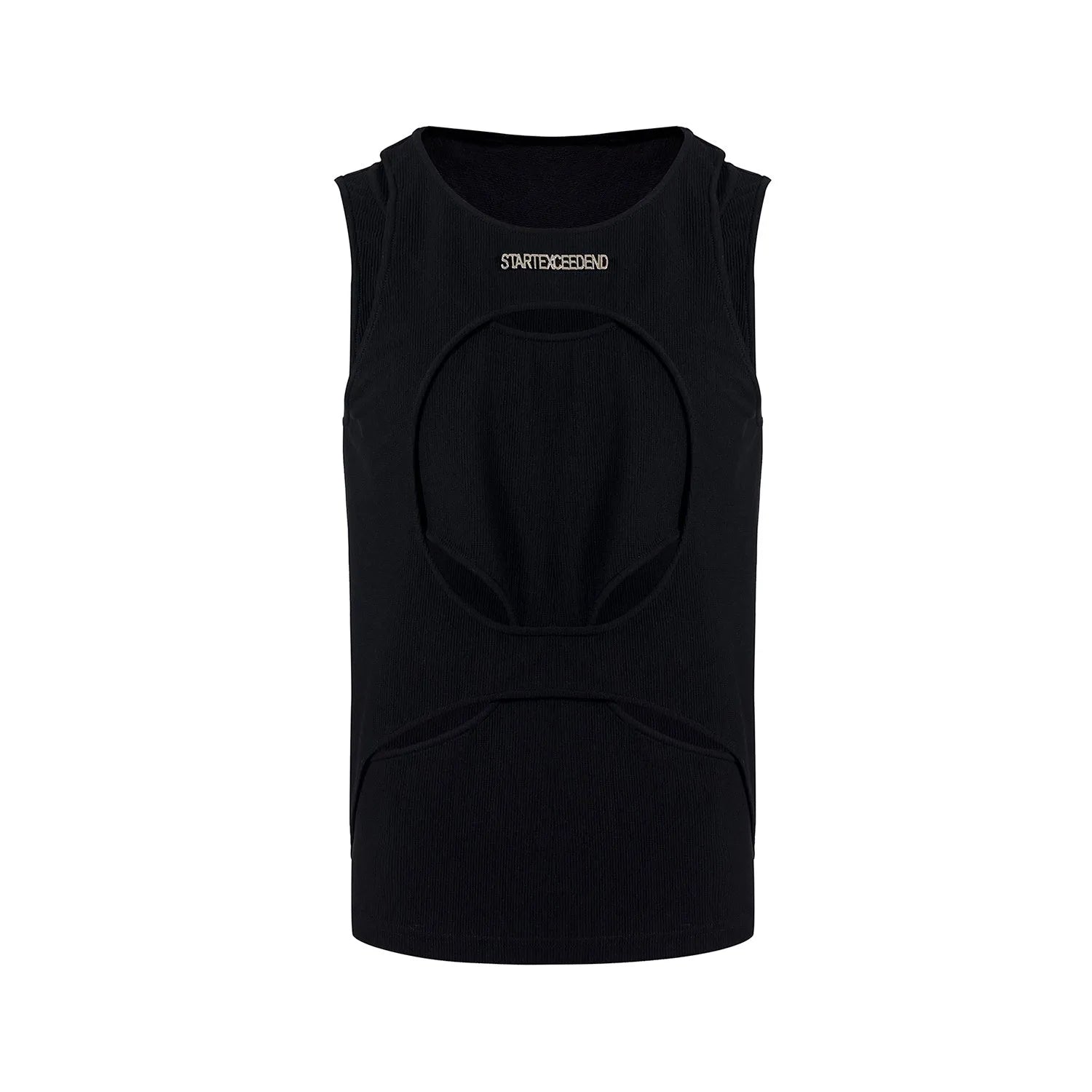 Men's loose sleeveless waistcoat in hollow white thread fabric showing round neck and pullover design